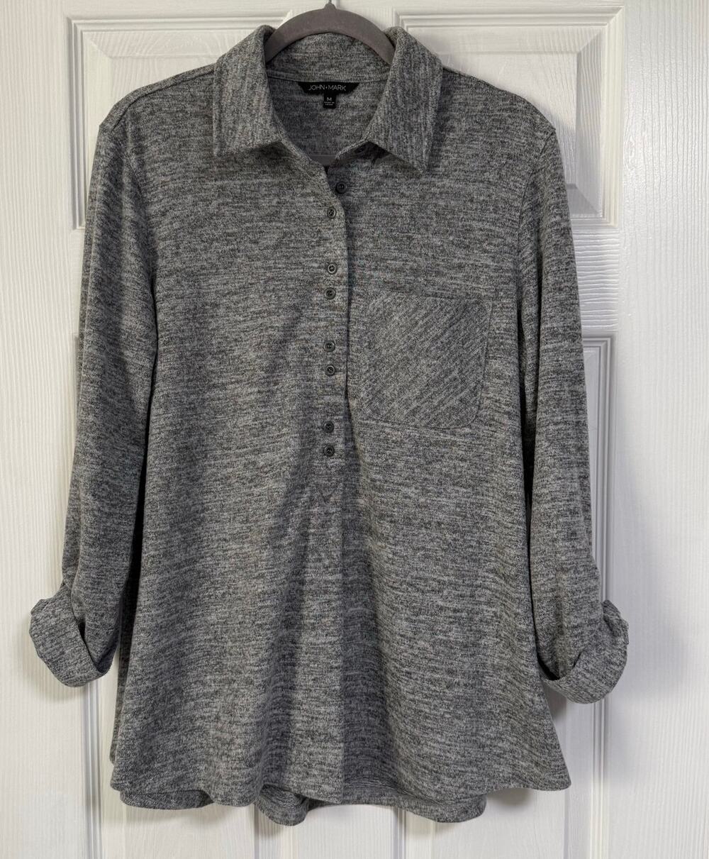 John Mark Women's Gray Knit Roll Tab Sleeve Tunic Top Size Medium
